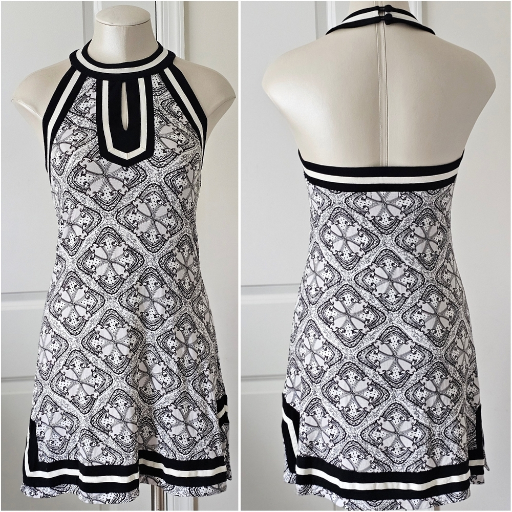 V Fish Y2K Halter Mini Dress Black White Scroll Print Fit Flare Keyhole S